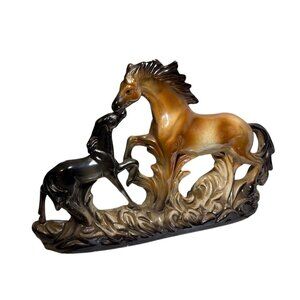 Ceramic Horses Figurine Mom and Baby Brown & Black 9.5 x 11.5" Made in Italy Vtg